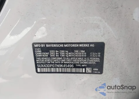 2022 BMW X3 Sdrive30I из США, поврежденный, VIN 5UX43DP07N9K45496